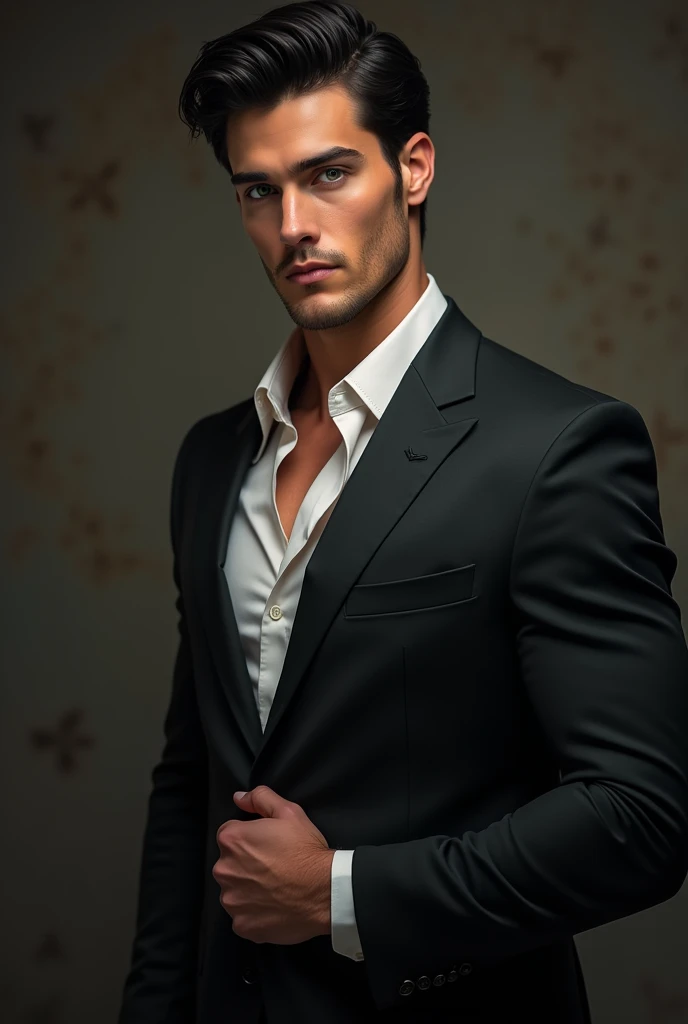 A tall 3 man who looks like he&#39;s 26 dressed in a suit resembling Michelle Marrone, Wide back, muscular, serious profiled face, sexy penetrating look, dark green eyes, black hair.