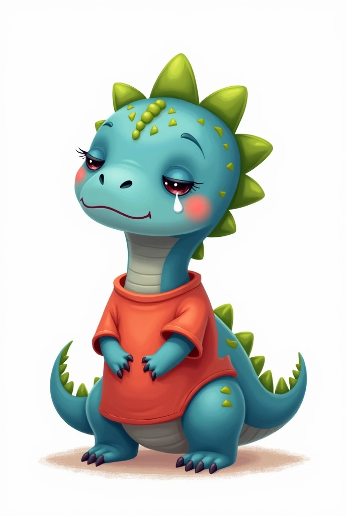 An illustration for children of a dinosaur, short neck, with the appearance of an , Sad face crying, with tears in the eyes, without eyelashes, with a red shirt, without pants, Blue skin, green dinosaur crests on the head and tail, full body, with a tender appearance, white background, in 2d