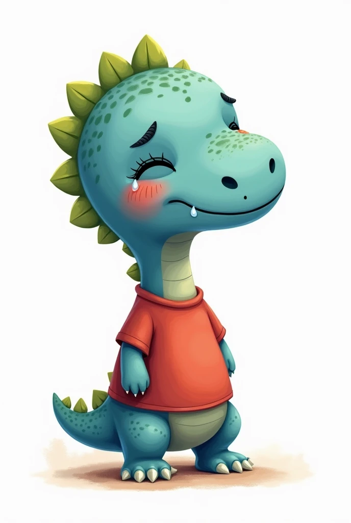 An illustration for children of a dinosaur, short neck, with the appearance of an , Sad face crying, with tears in the eyes, without eyelashes, with a red shirt, without pants, Blue skin, green dinosaur crests on the head and tail, full body, with a tender appearance, white background, in 2d