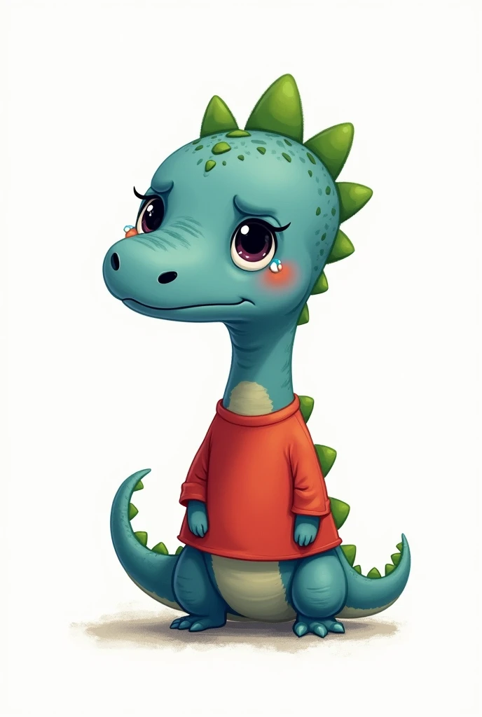An illustration for children of a dinosaur, short neck, with the appearance of an , Sad face crying, with tears in the eyes, without eyelashes, with a red shirt, without pants, Blue skin, green dinosaur crests on the head and tail, full body, with a tender appearance, white background, in 2d