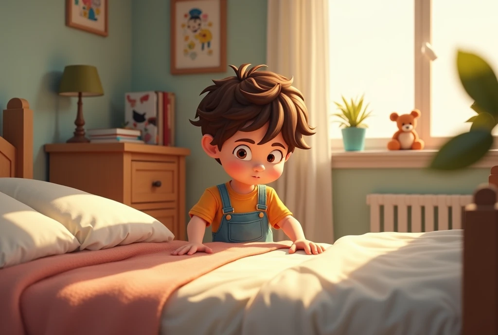 make a picture horizontally, where a boy is seen, with brown hair, Organizing the room and making the bed