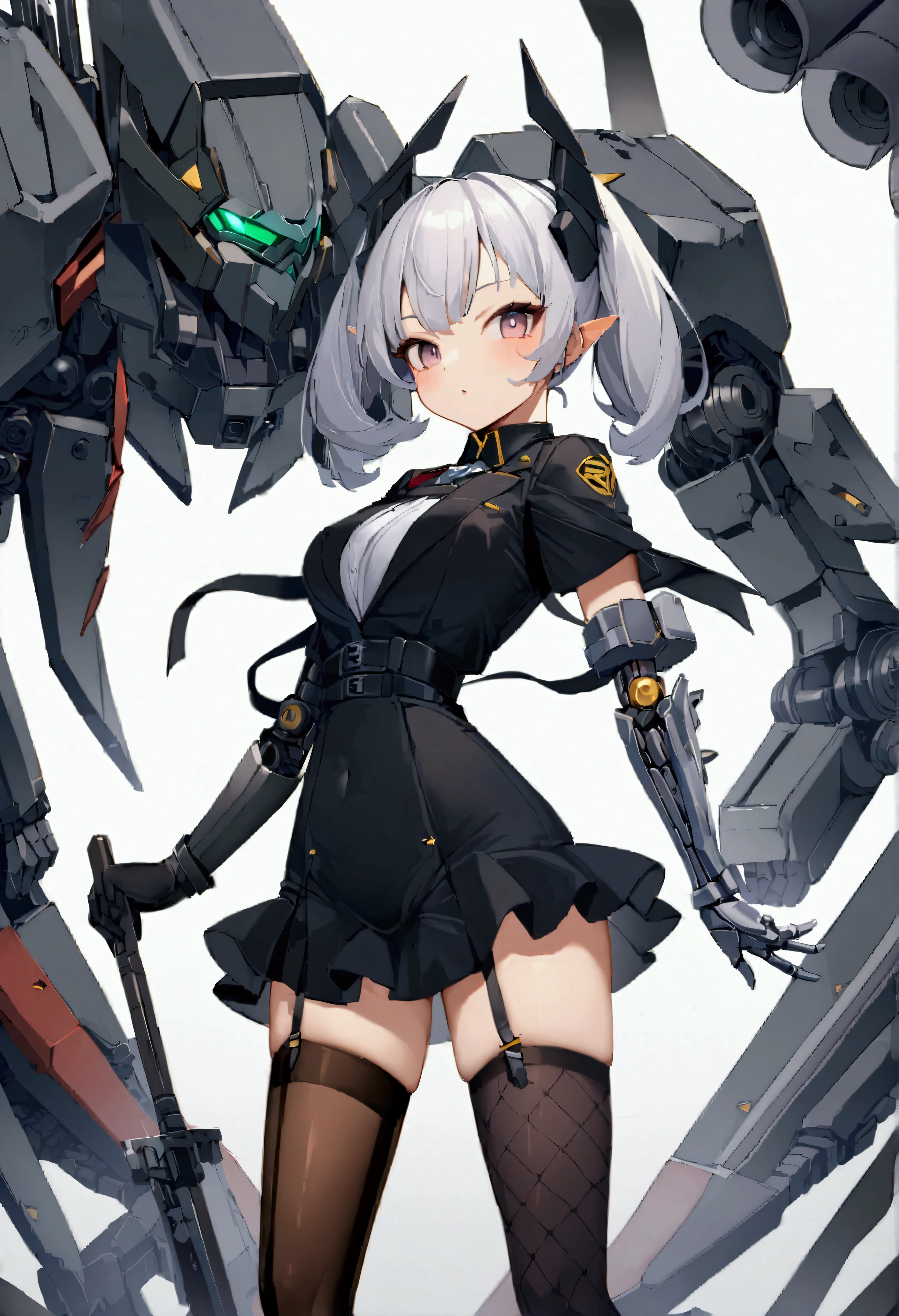 (1girl:1.2)、wing、(独奏:1.2)、Color Patch、Different colors on the left and right、contrast、未来的なwing、機械のwing、wing、sf、eye shadow、Single Mechanical Arm、gloves、Mecha Girl、Cowboy Shot、左black右白、black、Money、Silk stockings、hkstyle、Epic cinema style、Great quality