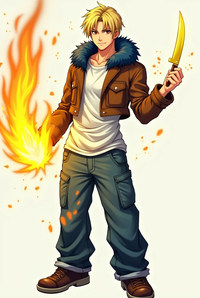 short hair, blond hair, Love, necessary, The best quality, anime, masculine, adult, attractive, handsome, straight hair, smile, presumed, simple background, Brown cropped leather jacket with blue polar fur on the hood, baggy jeans, brown sneakers, Yellow energy kunai in one of his hands, yellow energy particles around one of his hands, anatomically correct, anime