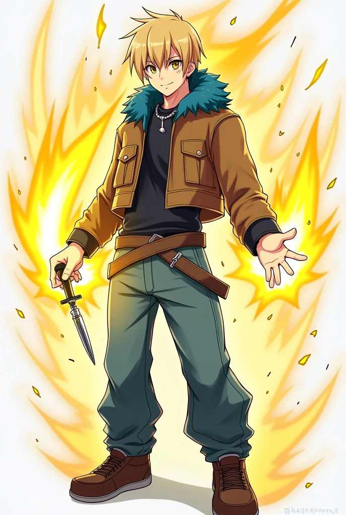 short hair, blond hair, Love, necessary, The best quality, anime, masculine, adult, attractive, handsome, straight hair, smile, presumed, simple background, Brown cropped leather jacket with blue polar fur on the hood, baggy jeans, brown sneakers, Yellow energy kunai in one of his hands, yellow energy particles around one of his hands, anatomically correct, anime