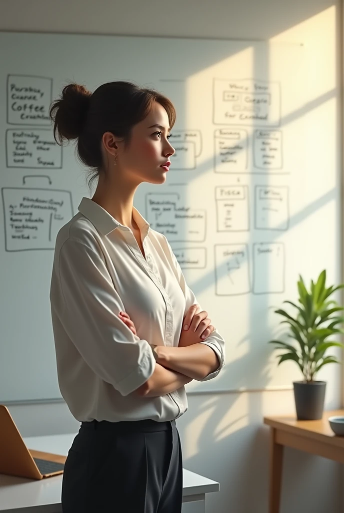 A woman looking at a whiteboard with notes of personal goals 