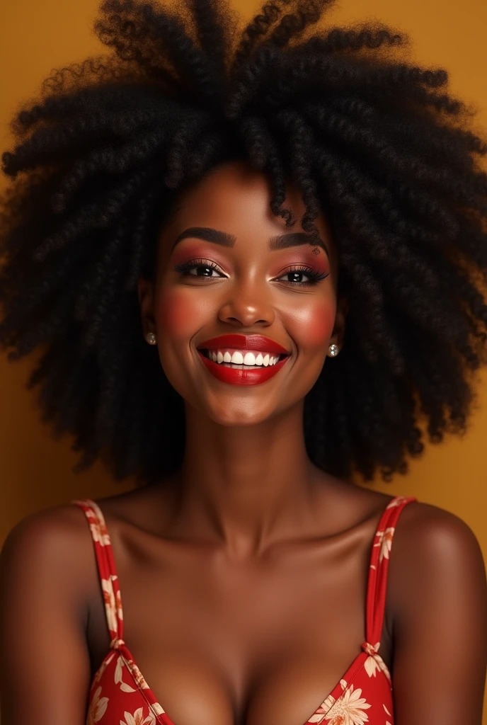 black female, gorda, with afro hair, beautiful smile with red lipstick
