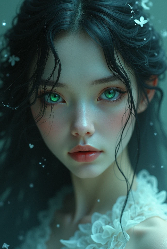 A beautiful woman with hair as dark as the night sky and skin like snow that was cold to the touch. She had a beauty that seemed ethereal, that seemed not of this world. her right eye coloured black, the left was emerald green,
