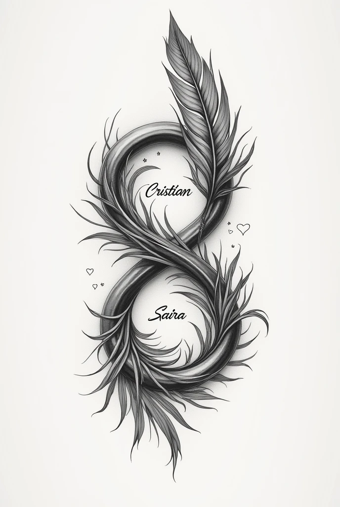 Original infinity tattoo with a feather with the name Cristian and Saira