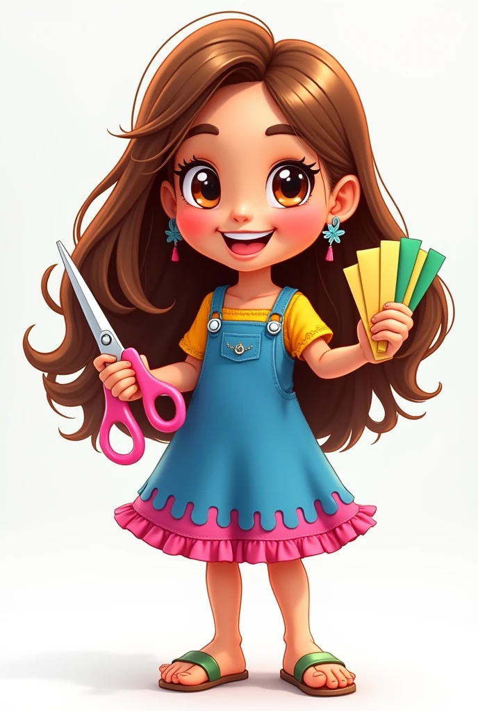 Brazilian doll mascot with long light brown hair, brown eyes and fair skin, Grinning, blue and pink dress with yellow details. Holding in his right hand several sheets of colored paper and in his left hand a pair of pink scissors
