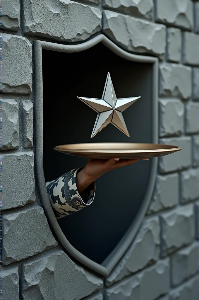Shield made of gray bricks with a hand in Brazilian army camouflage clothing holding an open waiter's tray with an army star floating on it