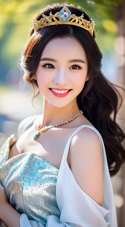 (one cute Chinese Princess, a majestic, wise & gorgeous future queen, super cute ponytail, (extravagant, sparkling, pretty princess costume:1.1), (luxurious giant tiara:1.1), (luxurious giant necklace:1.1), (white Princess costume:1.2), (beautiful silk chinese costume:1.1), (beautiful white gradation:1.1), the_cowboy_shot, camera focused on bosom, (best smile:1.2), huge breasts, beautiful detailed facial features, (high quality transparent sleeve with jewel embellishment:1.1), one smooth shoulder, shoulder straps, Natural pose, elegant & easy-going, kind dimpled smile, subtle snowflakes, spectacular cinema lighting, natural beauty, NO makeup, long eyelashes, beautiful eyes, (accurate anatomy:1.1), natural forehead, simple bokeh night background, low contrast, surrounded by soft light, hands on hips, SFW,)
