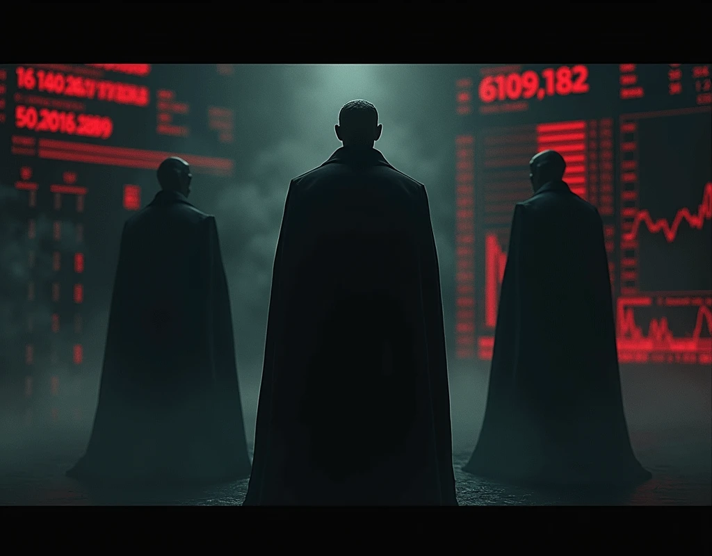 A subtle and evocative animation depicting the Rothschilds’ feared influence and the myths surrounding them. The animation includes a series of scenes: financial transactions occurring rapidly on old-fashioned ledgers and modern digital stock market screens; documents with redacted text flickering briefly before vanishing; and shadowy figures representing the Rothschilds overseeing these activities. The scenes transition smoothly to create a sense of secrecy and mystery. The background features dark, moody tones with occasional flashes of red to highlight the sense of hidden power and influence. The animation should be subdued, maintaining a mysterious atmosphere while symbolizing the family's enigmatic role in global finance