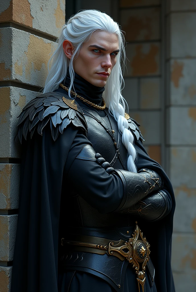 Create a powerful and beautiful prince of hell with lilac eyes and long white hair with some braids, Put on him elegant dark armor and leaf-shaped shoulder pads that fall over his arms and a black cape and a golden sword on his hip. That he is leaning against a wall, crossing his arms and has a captivating smile.. make it realistic