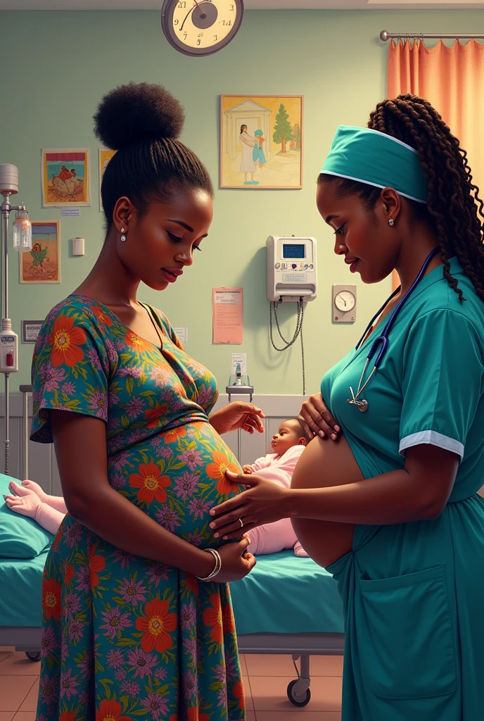 Generate image of African Igbo maternity hospital with pregnant woman named chioma in the theatre room surrounded by a nurse lady named nkechi a lady of about 35years and a midwife woman of about 50years delivering  a  