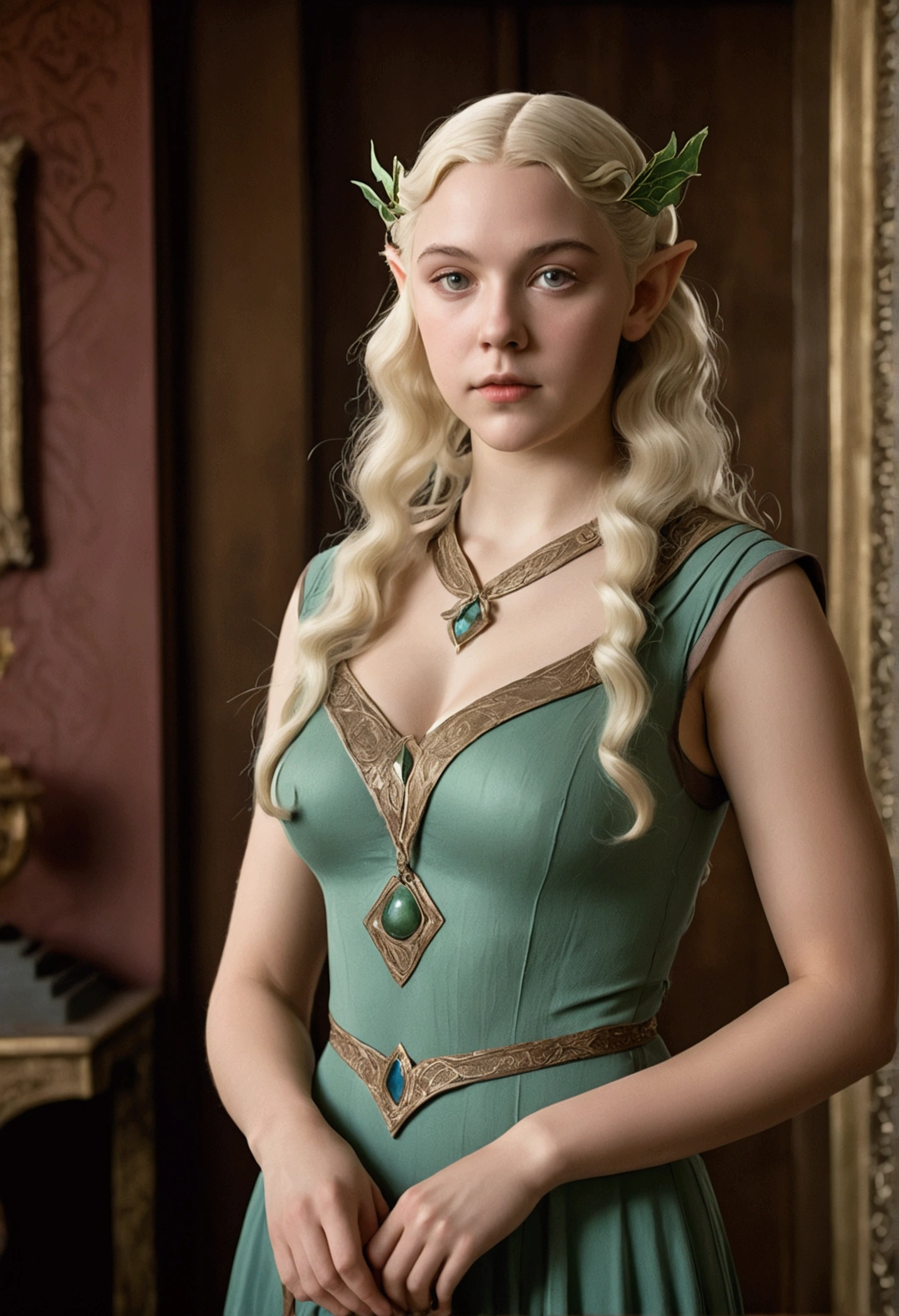 1920s analog film photograph, colorized photo of an elven maiden, 18-years-old, amazonian stature, thick-fit hourglass figure, busty bosom, toned, athletic, wearing a sleeveless dress, warm almond complexion, pointy elf ears, platinum blonde hair, wild voluminous curls, resembles Margaery Tyrell, standing in a manor drawing room, RAW Photograph, dslr, soft lighting, high quality, film grain, Fujifilm XT3, detailed skin with visible pores, insane details, masterpiece, 8k, 35mm photograph, faded film, desaturated, grainy, vintage, Lomography, stained, highly detailed, found footage, long elven ears