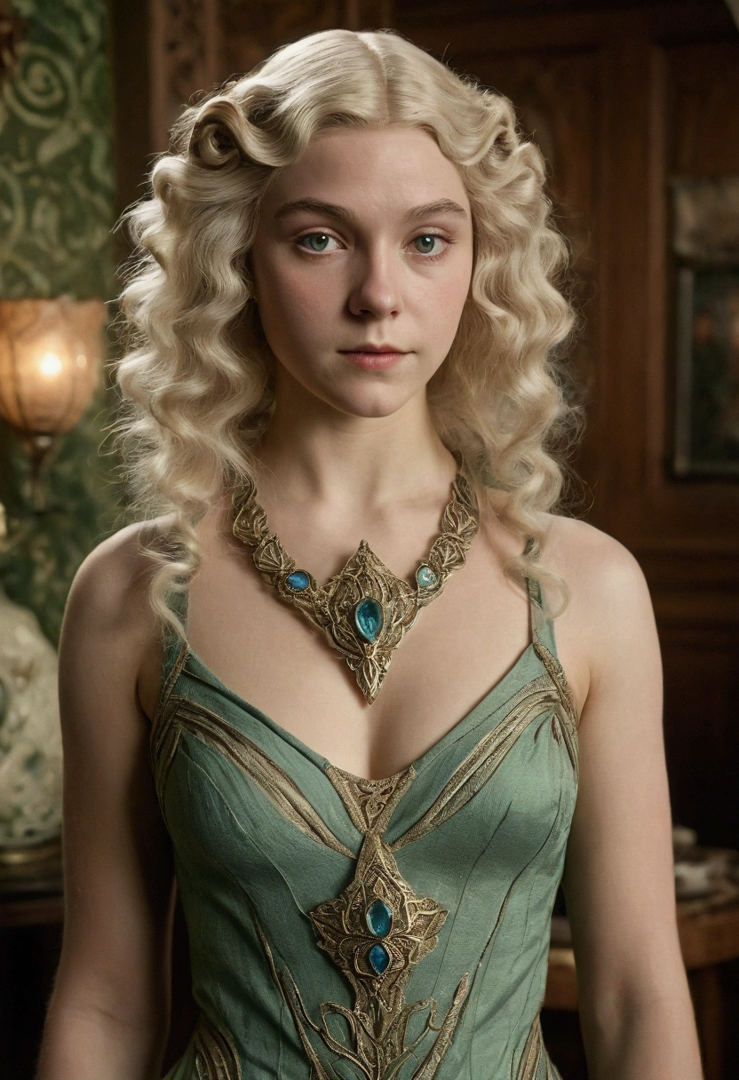 1920s analog film photograph, colorized photo of an elven maiden, 18-years-old, amazonian stature, thick-fit hourglass figure, busty bosom, toned, athletic, wearing a sleeveless dress, warm almond complexion, pointy elf ears, platinum blonde hair, wild voluminous curls, resembles Margaery Tyrell, standing in a manor drawing room, RAW Photograph, dslr, soft lighting, high quality, film grain, Fujifilm XT3, detailed skin with visible pores, insane details, masterpiece, 8k, 35mm photograph, faded film, desaturated, grainy, vintage, Lomography, stained, highly detailed, found footage, long elven ears