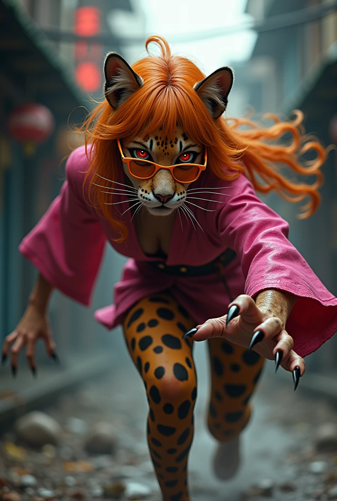 full body creative angle action dynamic view of A half-female, half-leopard with long orange hair and orange glasses , prowls the streets of a Chinatown bangkok. Her fur is matted with blood and his eyes glow with a red light. She wears a pink kimono and show claws, She is a wereleopard girl, she is hunted by the hunters, but she is also a rebel and a fighter. The scene is dark and gritty, as if it was from a video game.
