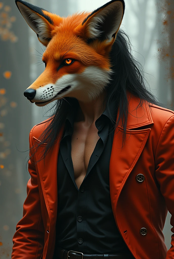 Create an image of a rogue man (inspired by Ban, from Seven deadly sins) that is half human, half fox, whose garments must be reddish/orange (like the color of a fox), with red brown eyes, straight black hair, tall and slim. The character must be a male character