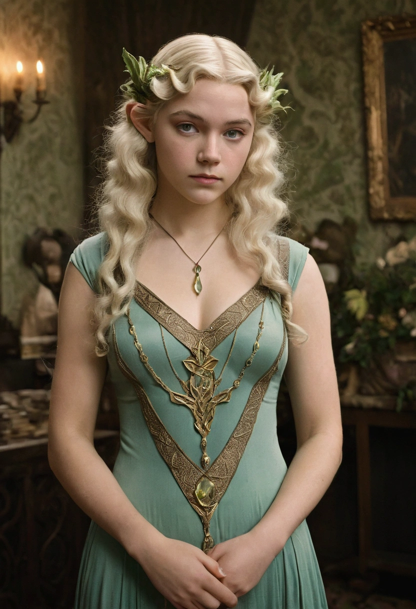 1920s analog film photograph, colorized photo of an elven maiden, 18-years-old, amazonian stature, thick-fit hourglass figure, busty bosom, toned, athletic, wearing a sleeveless dress, warm almond complexion, pointy elf ears, platinum blonde hair, wild voluminous curls, resembles Margaery Tyrell, standing in a manor drawing room, RAW Photograph, dslr, soft lighting, high quality, film grain, Fujifilm XT3, detailed skin with visible pores, insane details, masterpiece, 8k, 35mm photograph, faded film, desaturated, grainy, vintage, Lomography, stained, highly detailed, found footage, long elven ears