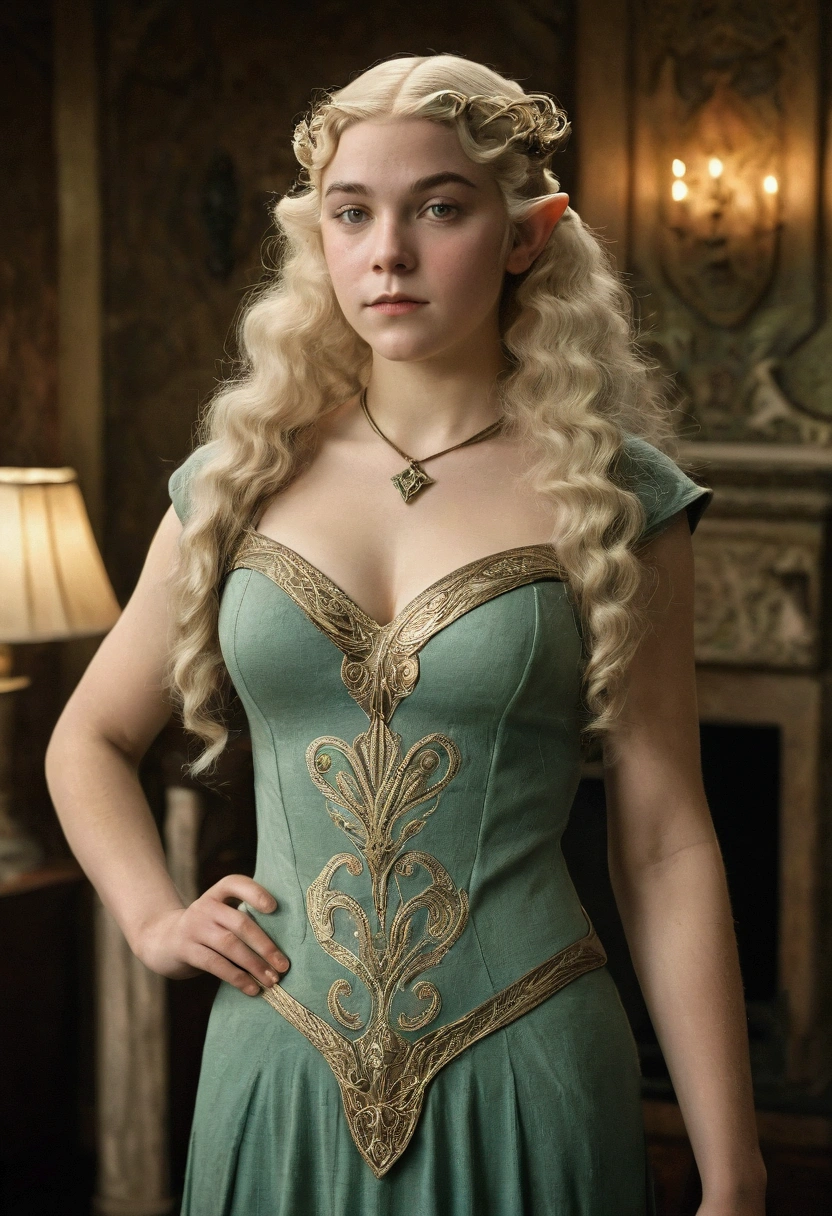 1920s og film photograph, colorized photo of an elven maiden, 18-years-old, amazonian stature, thick-fit hourglass figure, bustom, toathletic, wearing a sleeveless dress, warm almond complexion, pointy elf ears, platinum blonde hair, wild voluminous curls, resembles Margaery Tyrell, standing in a manor drawing room, RAW Photograph, dslr, soft lighting, high quality, film grain, Fujifilm XT3, detailed skin with visible pores, insane details, masterpiece, 8k, 35mm photograph, faded film, desaturated, grainy, vintage, Lomography, stained, highly detailed, found footage, long elven ears