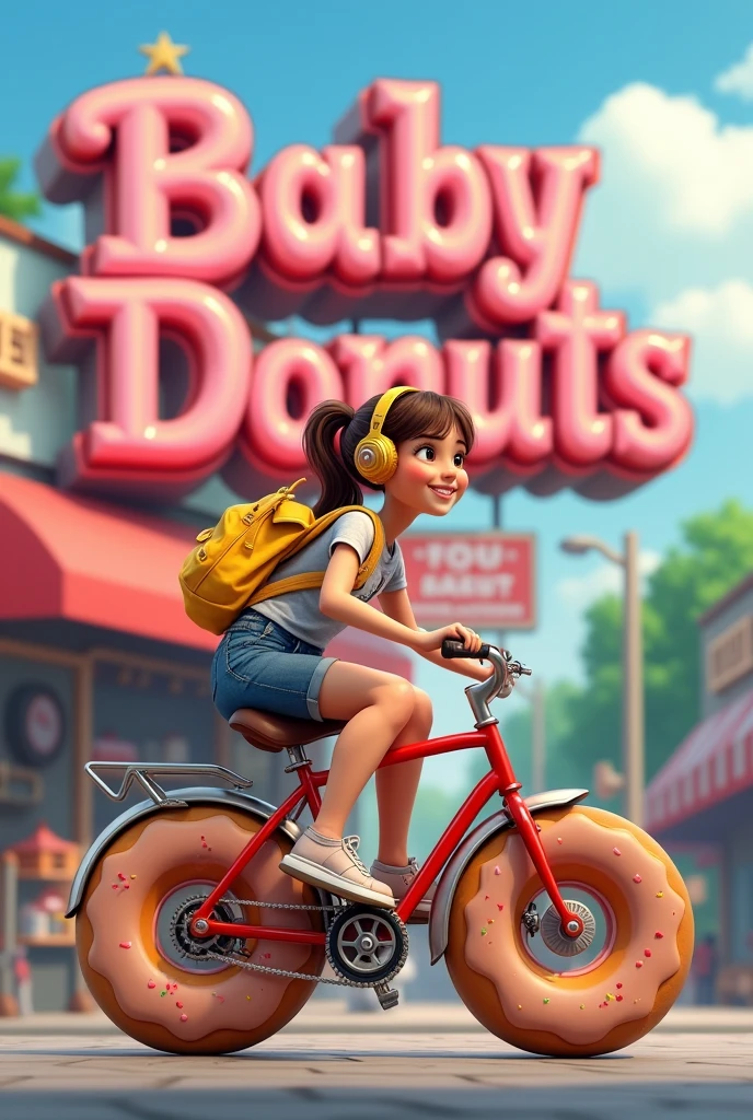 Well, I want a logo for a cake shop that has the word baby donuts as a reference, with a young teenage girl in the background on a bike with donut wheels and donut headphones, to make it more colorful and eye-catching for all types of audiences. I want it to look more real not animated, that this young woman is smiling while looking to one side,brown hair with a ponytail driving to the left and that his backpack is yellow and that it is also a donut, I want the young woman to be seen from the side, that the sign is large behind the girl,