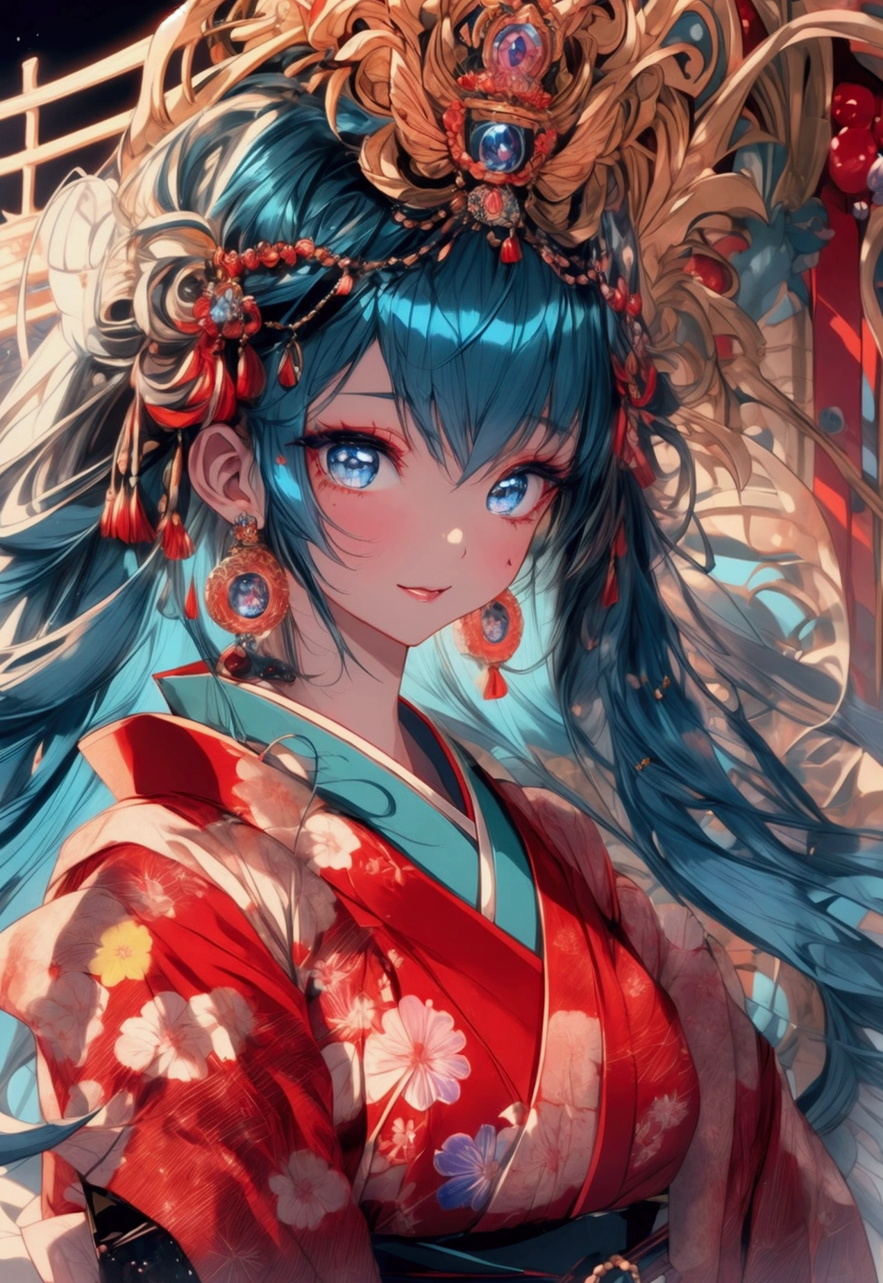 masterpiece, ultra detailed, female, japanese, 30-year-old, beauty mark, earrings, glamorous, tall, fair skin, big eyes, blue eyes, multicolored hair, hime cut, in the Japanese festival, mystical atmosphere