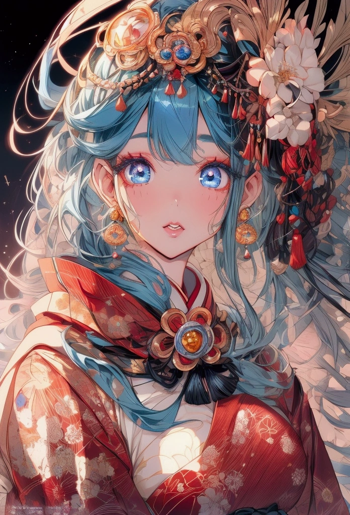 masterpiece, ultra detailed, female, japanese, 30-year-old, beauty mark, earrings, glamorous, tall, fair skin, big eyes, blue eyes, multicolored hair, hime cut, in the Japanese festival, mystical atmosphere