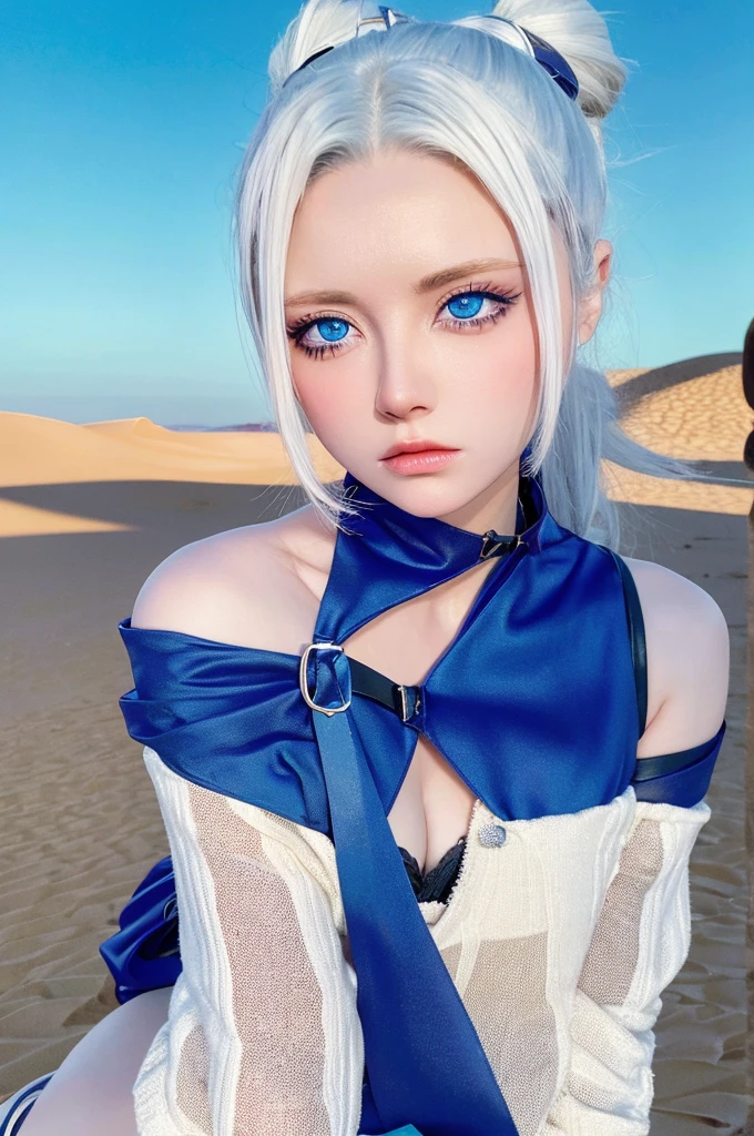 masterpiece, looking at the audience, Cinema Lighting, perfection, High Resolution Skin:1.2, sparkle eyes, (desert with horizon:1.4), strong wind, Small face, Off the shoulder, Bust C cup, Exposed cleavage, blue eyes, long hair, white hair, cyber punk style, hero pose, powerful expression
