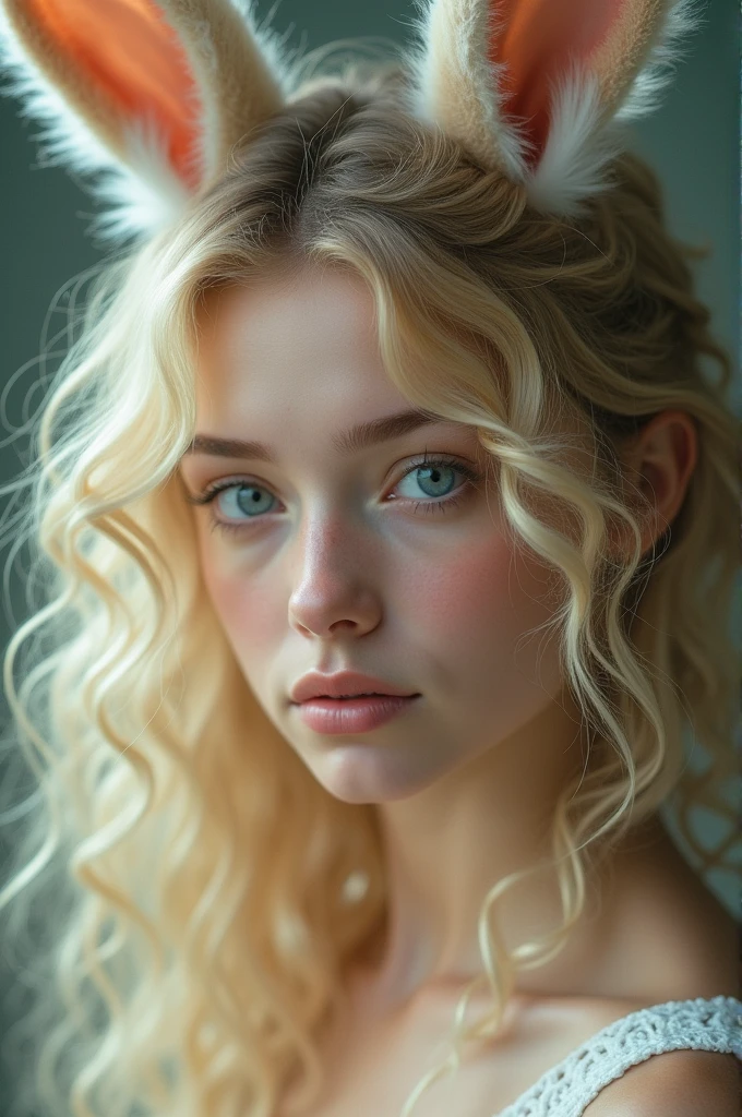 Cute woman with bunny ears, blonde curly hair and blue eyes photo