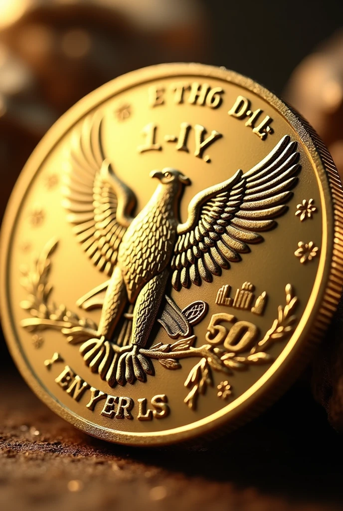 On a golden coin decorated with an eagle, write “My 50 Years”