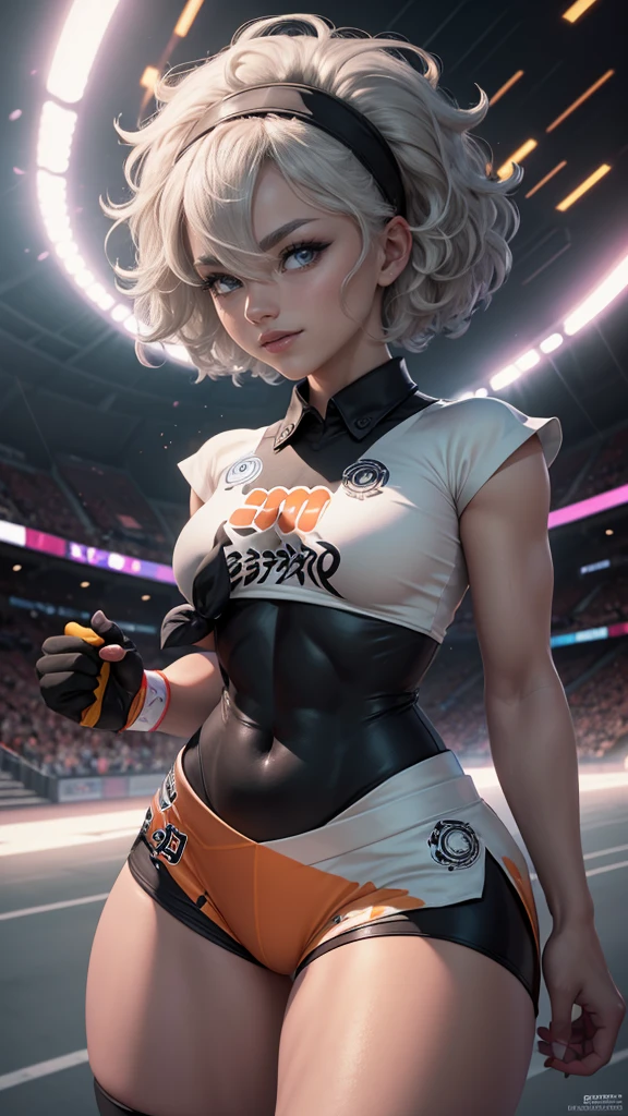 Bea da pokemon,(best qualityer,4K,8k,high resolution,work of art:1.2)(weather: windy), sport stadium background, short curly hair, gray hair, cropped shirt, micro shorts, thigh high stockings, headband, gloves, leotard, ultra detailed,realisitic,beautiful detailed gray eyes, beautiful detailed lips,extremely detailed eye and face, long eyelashes,average,large breasts,flying hair,beaming smile,powerful girl in a combat, high kick, bright coloured, dramatic lighting,