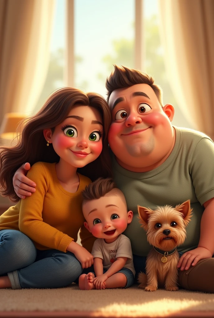 Generate pixar style image, from a family with a chubby mom, Brown eyes, Brown hair. A chubby dad with a bigger head, Voluminous eyebrows and very short hair. A slim  teenager, Brown hair claro largo. A  boy with green eyes and very short hair, of you clear. A  Yorkshire terrier dog.