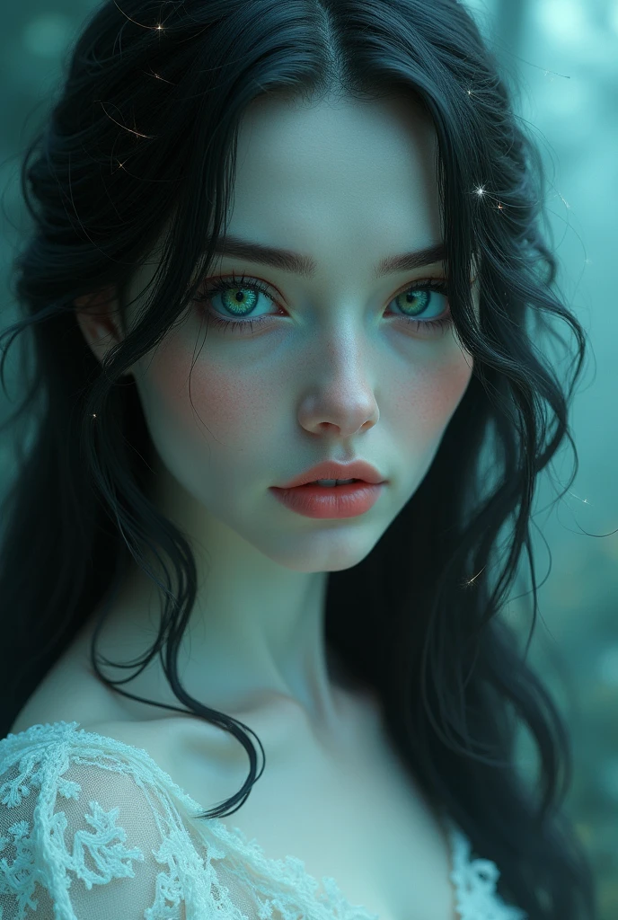 A beautiful woman with hair as dark as the night sky and skin like snow that was cold to the touch. She had a beauty that seemed ethereal, that seemed not of this world. her right eye coloured black, the left was emerald green,
