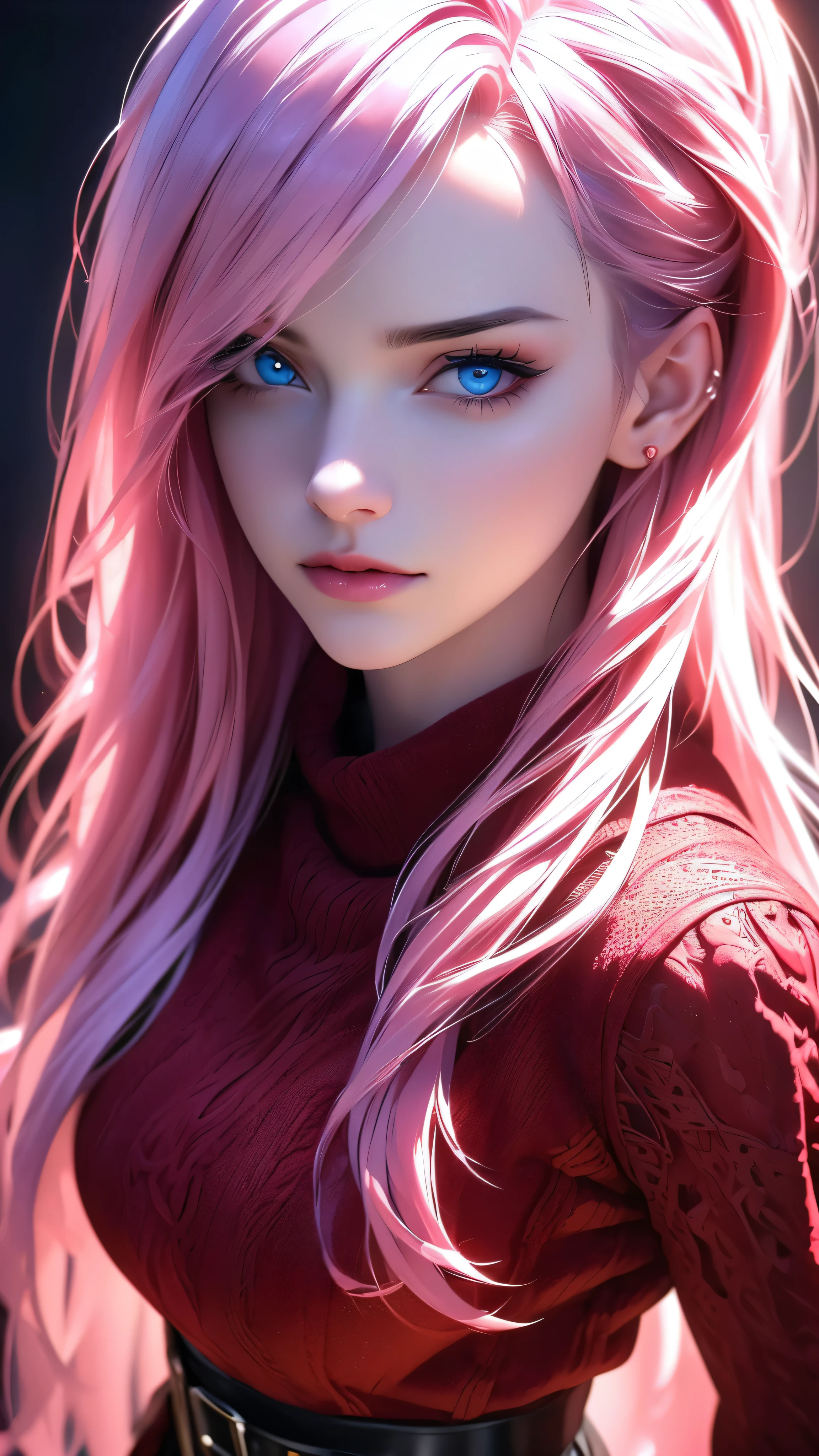 a girl in a medical gown, red sweater, black skirt, belt, expressive blue eyes, flowing silky pink hair, unreal ink rendering, (best quality,4k,8k,highres,masterpiece:1.2),ultra-detailed,(realistic,photorealistic,photo-realistic:1.37),portrait,cinematic lighting,highly detailed face and eyes,dramatic shadows,vibrant colors,intricate details