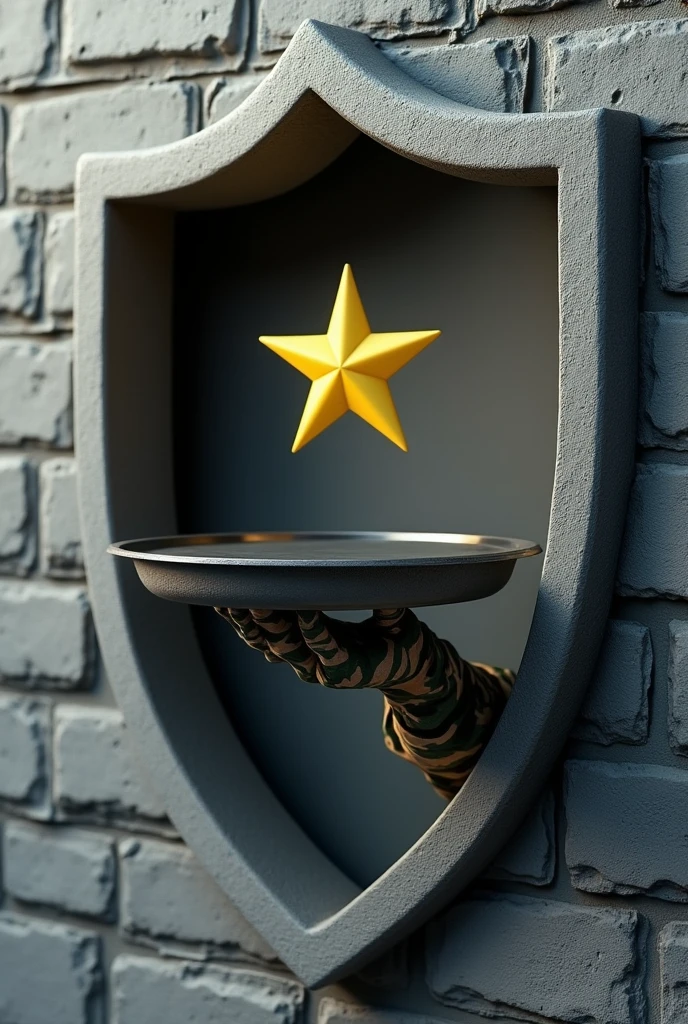 Shield made of gray bricks with a hand in Brazilian army camouflage clothing holding an open waiter's tray with an army star floating on it