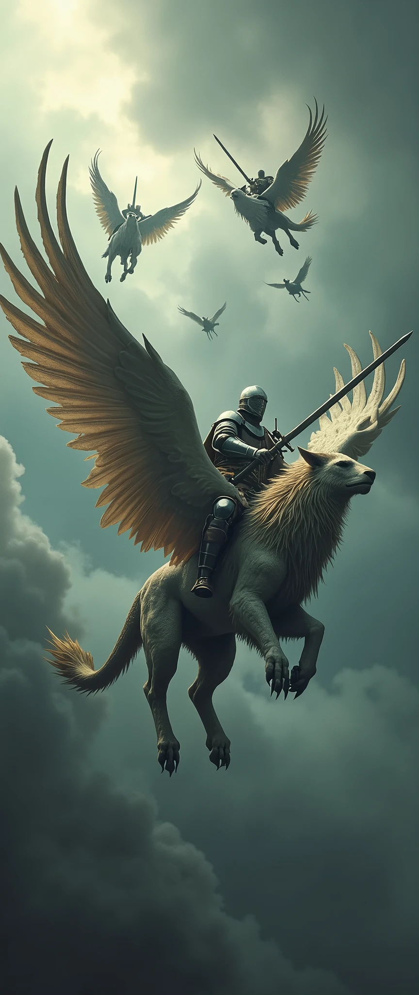 Lots of gryphons\(lion body, eagle wings and head, long ear, different poses\) flying in the sky and all the gryphons are ridden by heavily armed knights with long swords, thundercloud skies, dynamic images, stunning nature, Pulitzer Prize-winning photos,