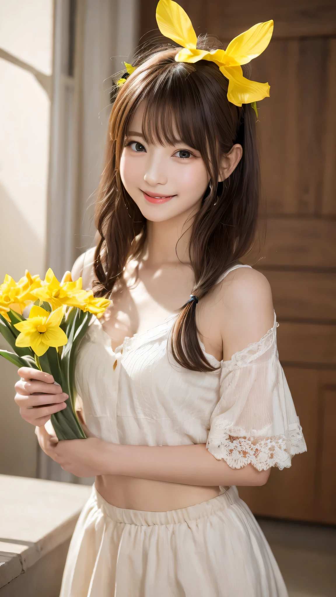 Best image quality (8k, High resolution, masterpiece: 1.2), Very detailed, Random Hairstyles, 2 woman,
Extraordinary beautiful girl、Cute and beautiful face details、(Dealing with the Children_v1:0.008)、
score_9, score_8_upper, score_7_upper,
Daffodil-inspired hair accessories
,Active stop temporarily ,
On her side、The thunder danced。
Focus on the upper waist
, Random cute poses ,Big eyes ,Puffy eyes , Heart pupil, blush , Big shy smile ,