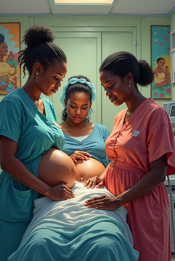 Generate image of African Igbo maternity hospital with pregnant woman named chioma in the theatre room surrounded by a nurse lady named nkechi a lady of about 35years and a midwife woman of about 50years delivering  a  