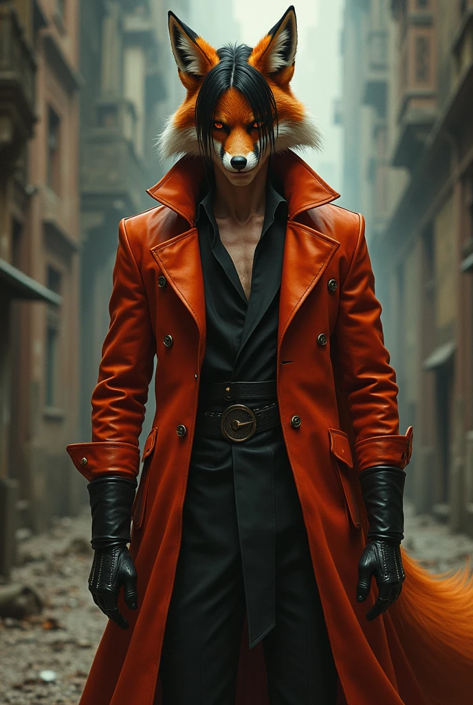 Create an image of a rogue man (inspired by Ban, from Seven deadly sins) that is half human, half fox, whose garments must be reddish/orange (like the color of a fox), with red brown eyes, straight black hair, tall and slim. The character must be a male character