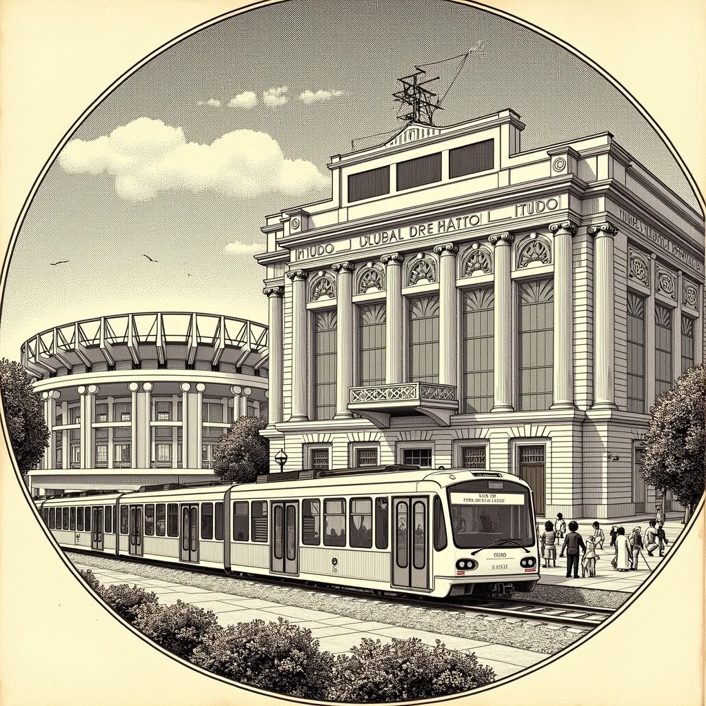 drawing in a circular image: in the foreground a railway train, in the background a rectangular fire station with two garage entrances with rounded 4 meter high ceilings with sign " 2 GBM " and next to it a football stadium with 4 semicircular arches supported at the top