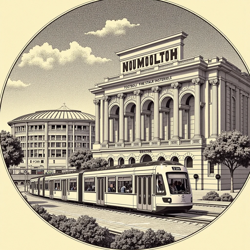drawing in a circular image: in the foreground a railway train, in the background a rectangular fire station with two garage entrances with rounded 4 meter high ceilings with sign " 2 GBM " and next to it a football stadium with 4 semicircular arches supported at the top
