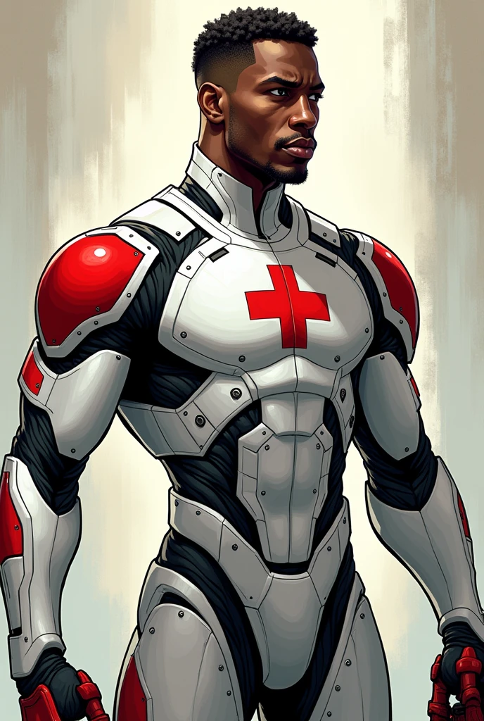 dan mora comic book illustration, hard lines, soft light, African male in paramedic-themed white and red power armor, red cross on chest
