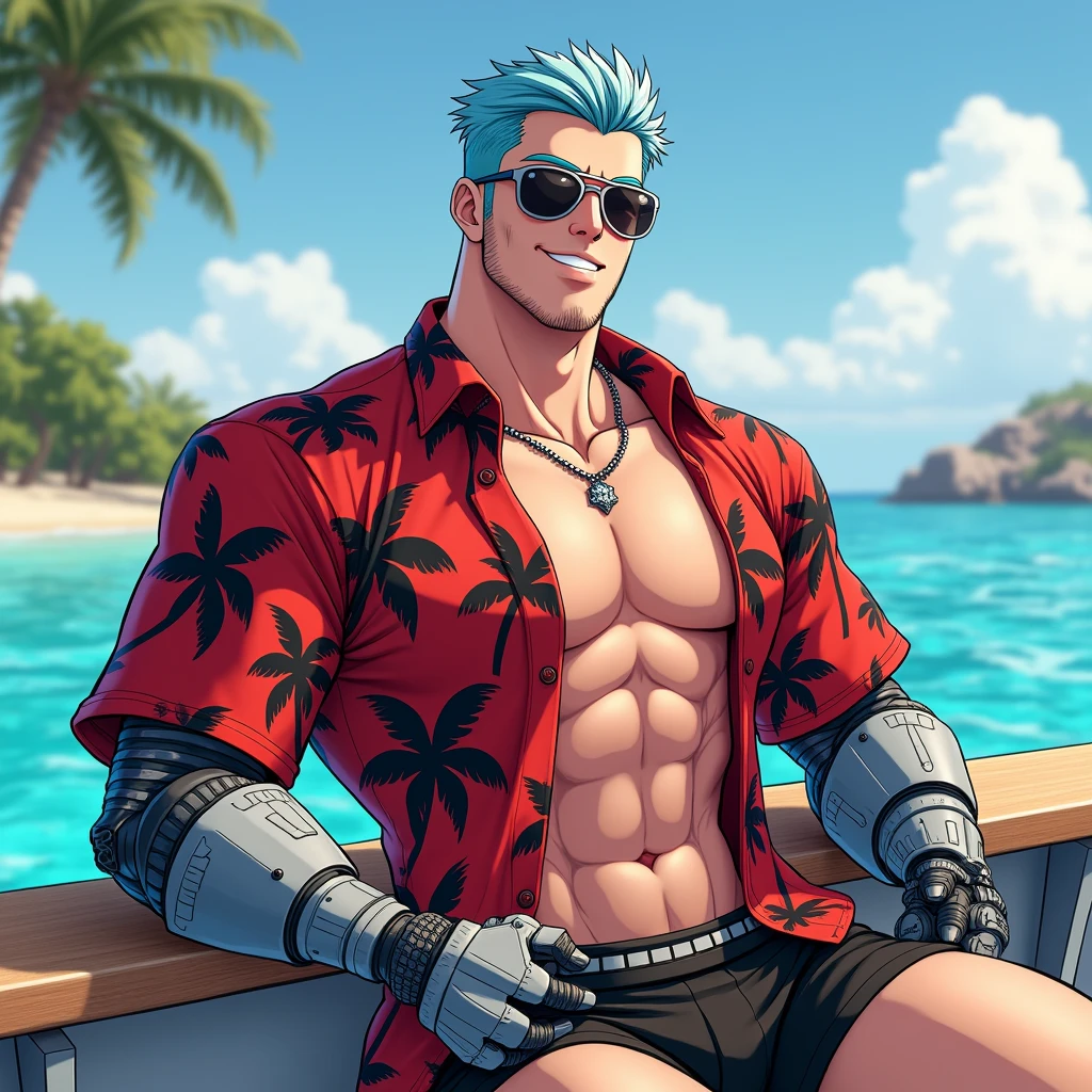 high resolution、Delicate depiction、(((Photorealistic depiction)))、(((Realistic depiction)))、Photographic depiction、Genuine、Reality、8k、male、3、Regent、Sideburns、Light blue hair、Thin sunglasses、Muscular、(((Both arms are cyborgs)))、open brests、(((Dark red aloha shirt with palm tree pattern)))、Bust Shot、On the boat、A big smile、(((not animation )))、Bikini pants、(((not comic)))、steampunk