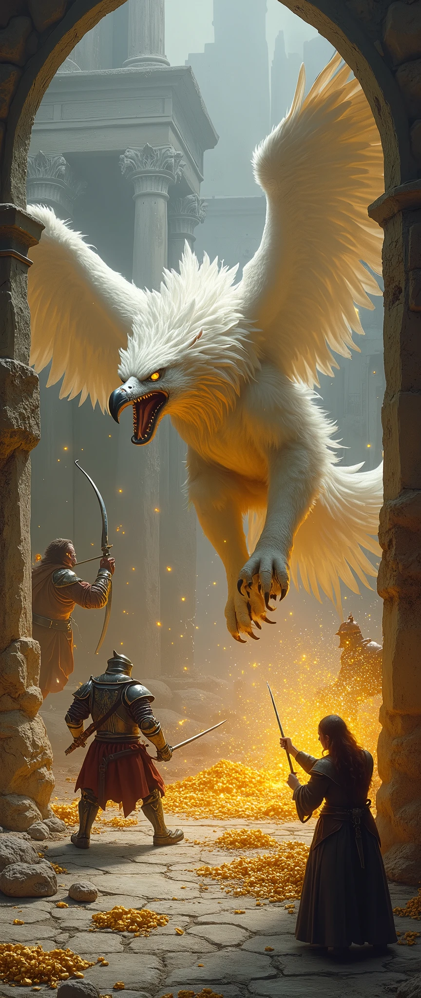 1gryphon\(white, eagle wings and head ,lion body, very bloody, scars , angry, attacking the team in very dynamic pose,very violent\) is guarding his beautiful golden treasures behind him in a beautiful chalk ruin, 1team\(a strong knight in full plate armor holding a sword, a beautiful elf archer , a beautiful wizard lady holding magic wand\) are against the gryphon in fighting stance, the gryphon is attacking the team with thunderstorm, old corpses slaughtered by the gryphon is in front Three-dimensionally, very powerful and realistic game screen shots, massive illustration, wonderful artwork of famous wonderful painter, baroque paintings,dynamic camera angle, concentration line,A very massive painting, camera from above
