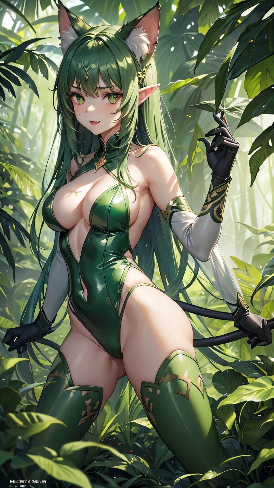 All intricate details: Exobiological: Human_Girl_Pantera Nayra
From the misty depths of the tropical jungle emerges the Nayra, a feline creature of incomparable beauty. Its slender body, perfectly adapted to navigating through dense foliage, Her fur green forest a mosaic of emerald greens and earthy browns, camouflages her perfectly among the lush vegetation, making her an invisible hunter.
head human and feline, symmetrical face, an agile and perfect girl body. Two pointed ears pick up the slightest sound, while his eyes, large and deep green like polished jade, shine with an intelligence that belies his wild nature.
Its sharp fangs, visible even with its mouth closed, reveal its predatory nature. A long tail helps it maintain balance and cling to branches as it moves through the jungle. random angle
