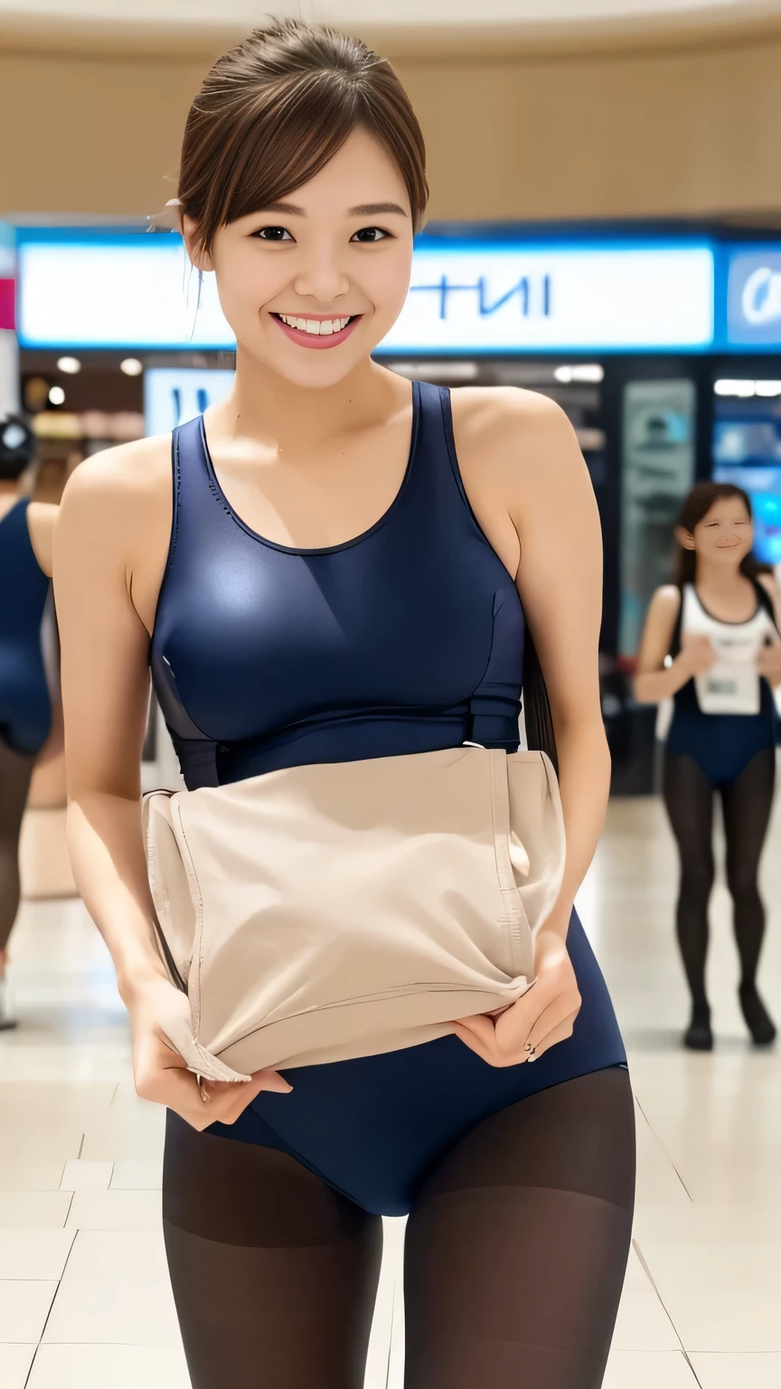 Highest quality、8k、masterpiece、Ultra-high resolution、Clear photos、Professional Lighting、Natural light、Realistic,、Highly detailed skin、Perfect Anatomy、One Woman、 25、Bab8、Large Breasts、Glamour、ponytail、Brown Hair、Beautiful Hair、smile、(Squint your eyes and laugh:1.1)、((Navy school swimsuit))、((High Leg))、((Perfect Pantyhose:1.2))、((Black Pantyhose))、((Wearing pantyhose under her swimsuit))、(((At the Mall)))、Walking、Attractive pose、((Carrying a bag))