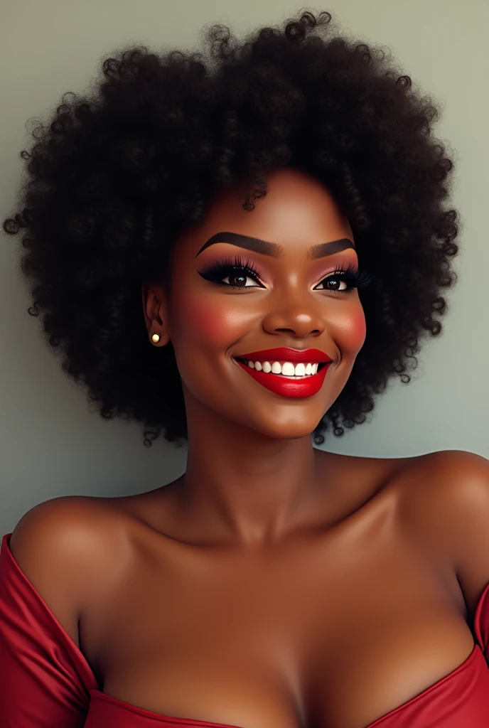 black female, plus size, with afro hair, beautiful smile with red lipstick