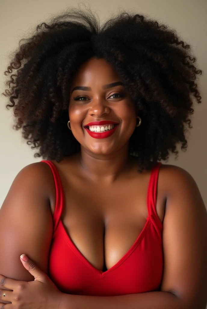 black female, plus size, with afro hair, beautiful smile with red lipstick