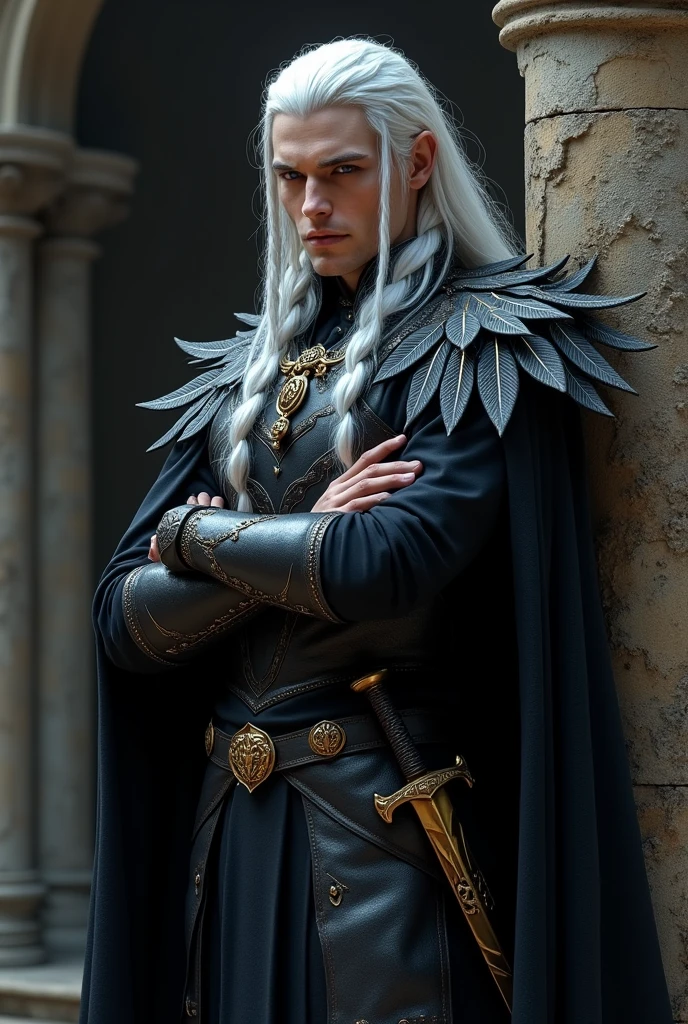 Create a powerful and beautiful prince of hell with lilac eyes and long white hair with some braids, Put on him elegant dark armor and leaf-shaped shoulder pads that fall over his arms and a black cape and a golden sword on his hip. That he is leaning against a wall, crossing his arms and has a captivating smile.. make it realistic