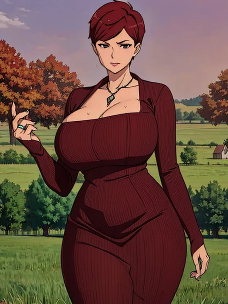 Farmer outfit,maroon hair, Gilf, busty, huge  , Short pixie hair,detailed, upperbody, wringkle skin,Sagging breast,In the farm field,Fullbody,((wedding ring)),Solo,1girl,Frown eyebrow, mad,Sweating,Working in farm,Hand in hip